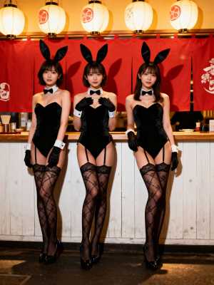 バニーの衣装を着た 3 人の若い女性が、提灯が吊り下げられた薄暗いレストランのバーカ...。