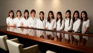 現代の会議室の会議テーブルの後ろに一列に並んだ、白いシャツを着た 9 人の若い女性の...。