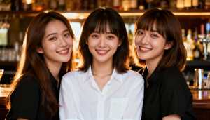 バーに座ってカメラに向かって微笑む 3 人の若い女性。