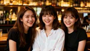 薄暗いバーで座ってカメラに向かって微笑む 3 人の若い女性。