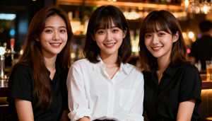 薄暗いバーのカウンターに座り、カメラに向かって微笑む 3 人の若い女性。