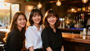 バーに座ってカメラに向かって微笑む 3 人の若い女性を正面カメラのアングルから写実的...。