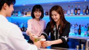 カジュアルな雰囲気のバーで、男性にドリンクを提供する 3 人の若い女性を正面カメラの...。