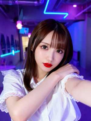 レースのトリムが付いた白いブラウスを着て、自信に満ちた表情で自撮りをしている若い女性...。