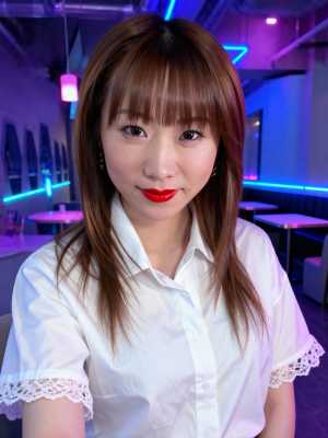 レースのトリムが付いた白いブラウスを着た、長い茶色の髪と前髪を持つ若いアジア人女性の...。