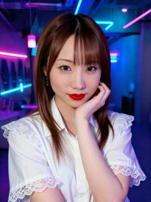 薄暗いネオンの光る部​​屋で、レースのディテールが施された白いブラウスを着て、思慮深...。