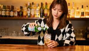 アジア系の若い女性が、薄暗いバーのバーカウンターにあるグラスに緑色のボトルから飲み物を注ぐ。