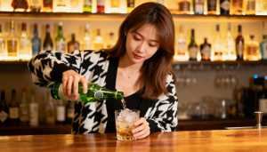 薄暗いバーの木製バーカウンターの上に、黒と白の模様のセーターを着た長い茶色の髪の若い...。