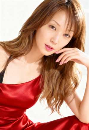 赤いサテンのドレスを着た、長くウェーブのかかった茶色の髪を持つ美しいアジア人女性のポ...。