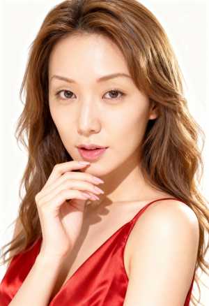 真っ白な背景のスタジオ設定でポートレートのポーズをとる、長くウェーブのかかった茶色の...。