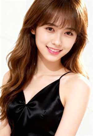 ウェーブのかかった茶色の長い髪と白い肌を持ち、カメラに向かって微笑む若い女性の写実的...。