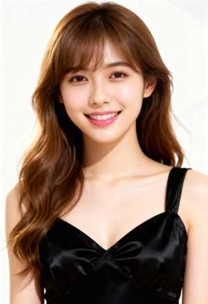 ウェーブのかかった茶色の長い髪と白い肌を持ち、カメラに向かって微笑む若い女性のポートレート。