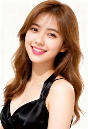 ウェーブのかかった長い茶色の髪をした若い女性がカメラに向かって微笑んでいる、ポートレ...。