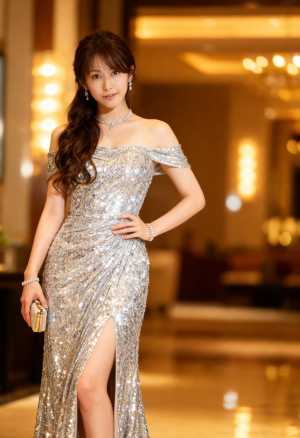 豪華なロビー環境で、見事なシルバーのスパンコールのドレスを着て自信を持ってポーズをと...。