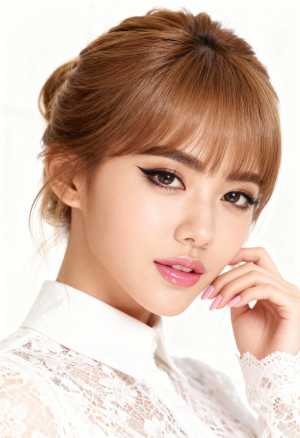 片手を顎に当てて自信を持ってポーズをとる、中性的な表情を持つ若い女性のクローズアップ...。