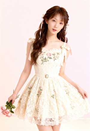 花の刺繍が入った白いレースのドレスを着た若い女性が、ピンクのバラの花束を持って画像の...。