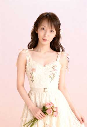 ピンクのバラの花束を持った白いレースのドレスを着た若い女性を正面カメラの角度から撮影...。