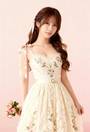 花の刺繍で飾られた明るい色のドレスを着て、ピンクのバラの花束を持った若い女性を正面カ...。