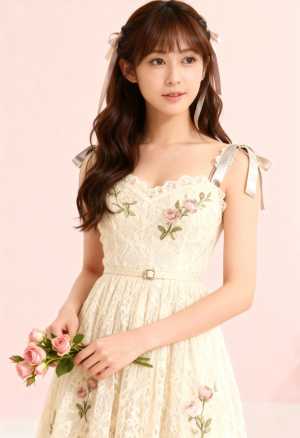 花の刺繍が施された白いレースのドレスを着て、ピンクのバラの花束を持った若い女性をポー...。