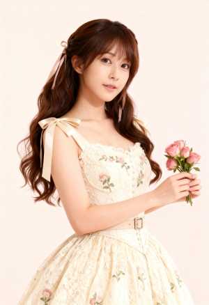 花柄の明るい色のドレスを着て、ピンクのバラの花束を持った若い女性をポートレートアング...。