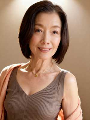 カメラに向かって微笑む、短い黒髪の中年のアジア人女性のポートレート。