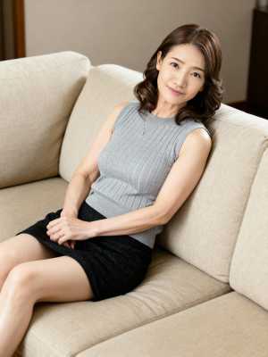 モダンなリビングルームのベージュのソファに座っている中年アジア人女性のプロフェッショ...。