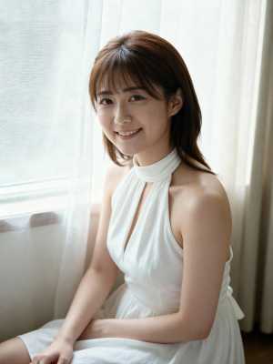 ホルターネックの白いノースリーブのドレスを着て、窓の前に座っている若い女性の写実的な...。