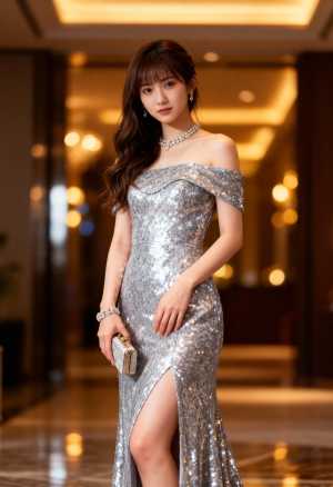 豪華なロビーで、見事なシルバーのスパンコールのガウンを着てエレガントにポーズをとる若...。