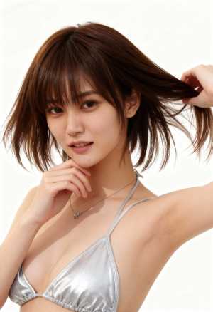 真っ白な背景に自信を持ってポーズをとるシルバーのビキニを着た若い女性をポートレートア...。