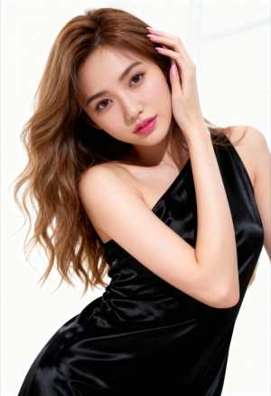 黒のサテンのドレスを着てエレガントにポーズをとる若い女性をポートレート カメラ アン...。