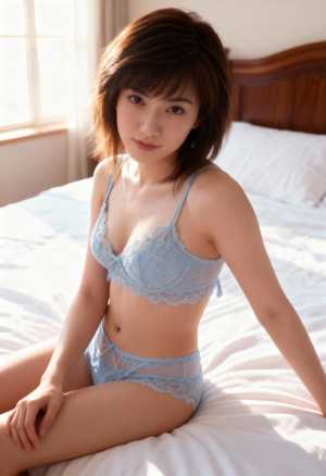 水色のレースのランジェリーセットを着てベッドに座り、ほんのり微笑みながらカメラを見つ...。