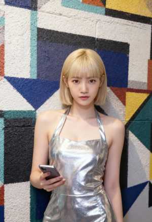 カラフルな幾何学模様の壁の前に立って携帯電話を持っている若い女性を正面カメラのアング...。