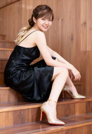 黒いサテンのスリップドレスを着て、赤と金に輝くクリスチャン ルブタンのヒールを履いて...。