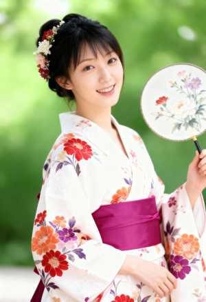 花柄の扇子を持った伝統的な和服を着た若い女性をポートレートアングルから写実的に撮影したもの。