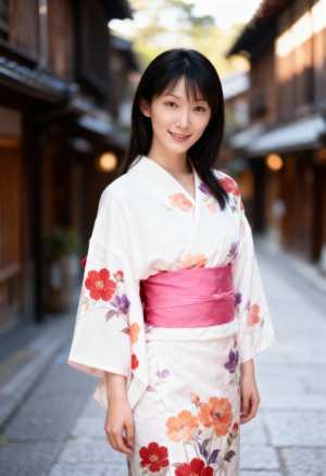 木造の建物が立ち並ぶ狭い石畳の通りに立つ、花柄の伝統的な日本の着物を着た若い女性をポ...。