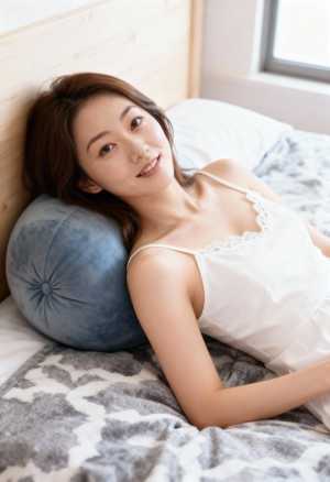 柔らかいクッションとグレーと白の模様の毛布を敷いたベッドに横たわる若い女性を横から写...。