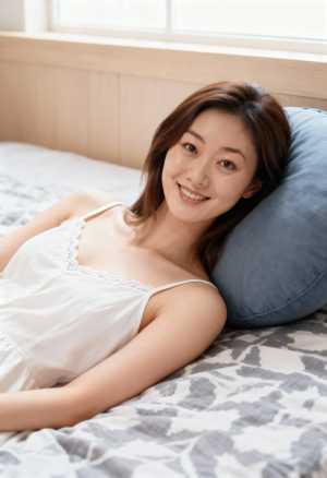 ベッドに横たわり、カメラに向かって微笑む若い女性の写実的なポートレート。