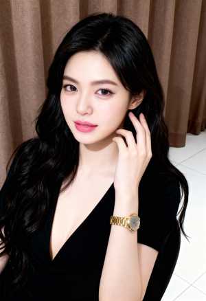 ウェーブのかかった長い黒髪と心地よい表情をした若い女性が、ネックラインが大きく開いた...。