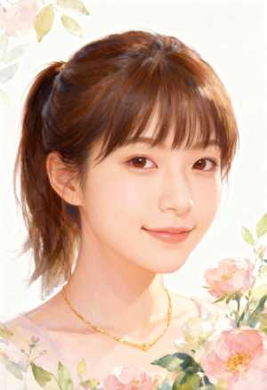 水彩風のピンクの花と緑の葉に囲まれた、穏やかな笑顔を持つ若い女性の美しいポートレート。