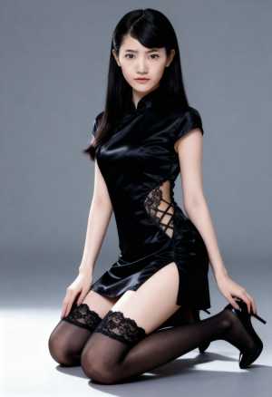 レースのディテールが施されたスタイリッシュな黒のチャイナ ドレスを着て、サイハイ ス...。