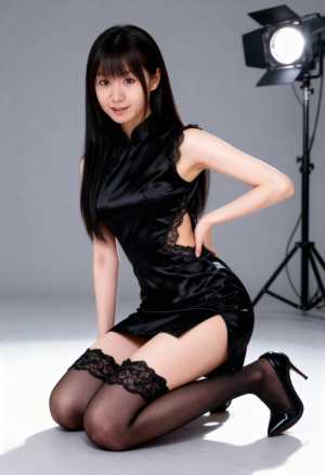 スタジオ設定の床に座って、レースのディテールが施された黒いシルクのチャイナ ドレスを...。