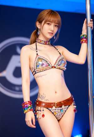 ロゴのある青い背景の前で、ビーズで飾られたカラフルな衣装を着てポールの上に自信を持っ...。