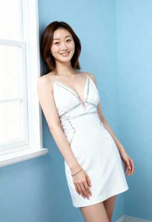 青い壁を背景に白いドレスを着てポーズをとる若い女性を、ポートレート カメラ アングル...。