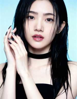 明るい青の背景にポーズをとる、長くまっすぐな黒髪と中性的な表情を持つ若い女性の写実的...。