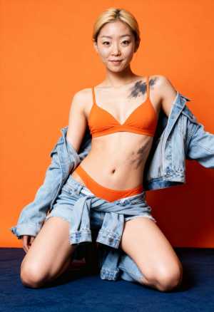 オレンジ色の背景に自信を持ってポーズをとる若い女性を、正面カメラのアングルから写実的...。