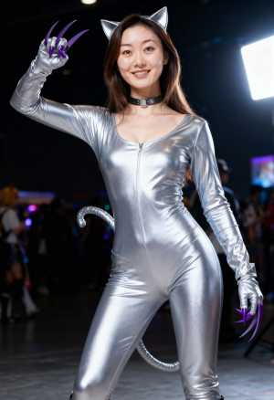銀色の猫スーツを着たコスプレキャラクターが、ふざけた表情で堂々とポーズをとっている様...。