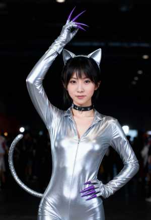 銀色の猫スーツを着たコスプレキャラクターが、ふざけた表情で堂々とポーズをとる、正面カ...。