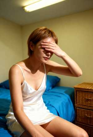 白いスリップドレスを着て手で目を覆い、ベッドに座っている若い女性を横から撮った写実的な写真。