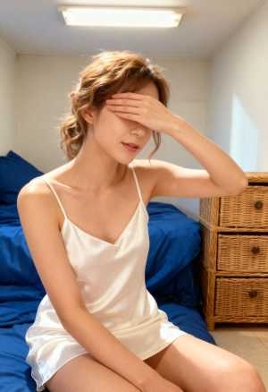 ベッドに座り、目を手で覆っている若い女性を正面から写実的に撮影した写真。