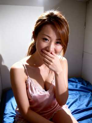 ベッドに座り、手で口を覆い、遊び心のある表情でカメラを直接見つめている若い女性を、正...。